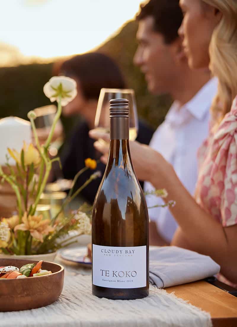 Cloudy Bay Te Koko Marlborough Sauvignon Blanc bottle on dinner table