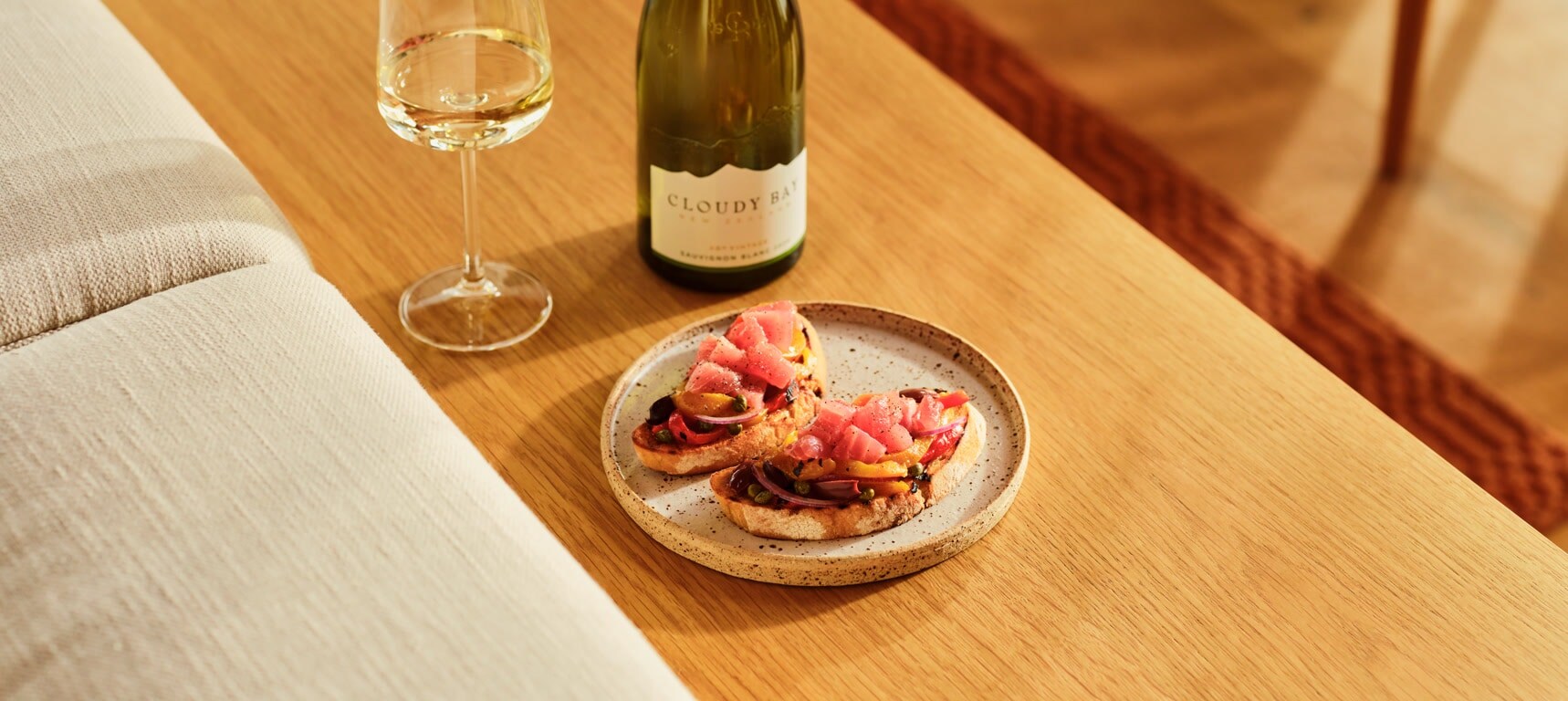 salted tuna bruschetta with charred capsicum and olives