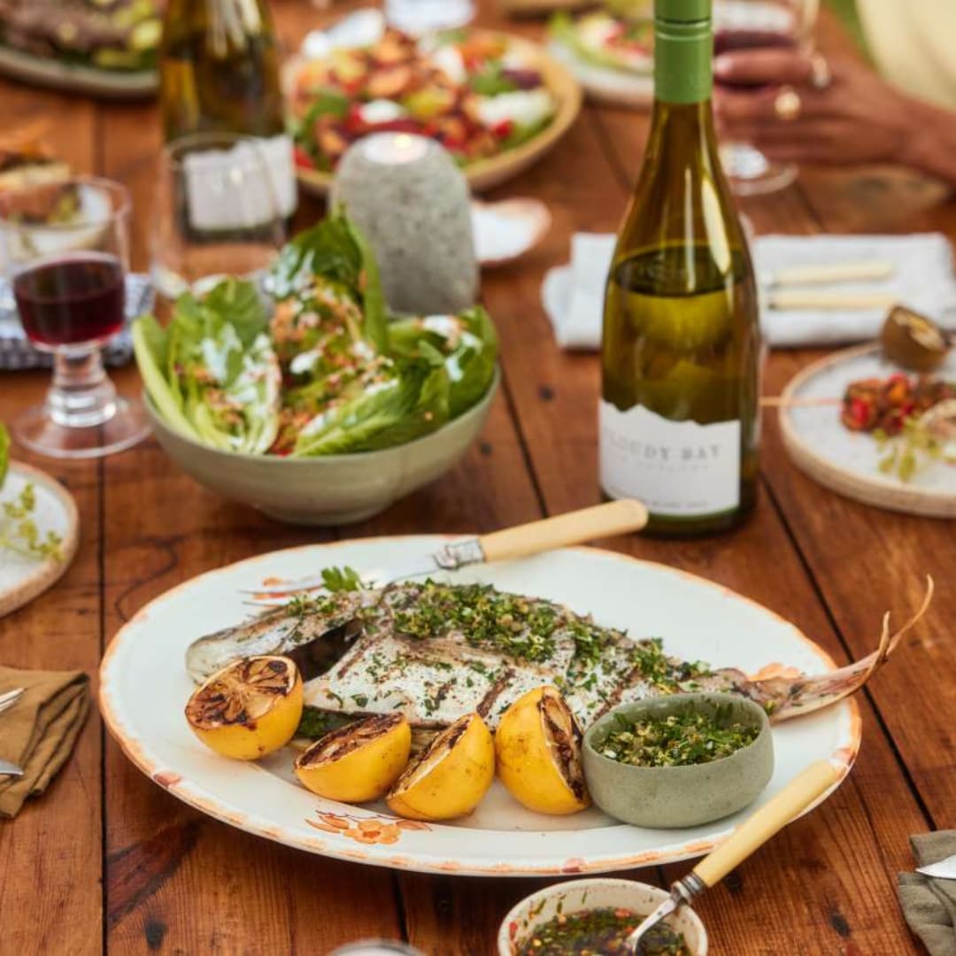 grilled fish served on table